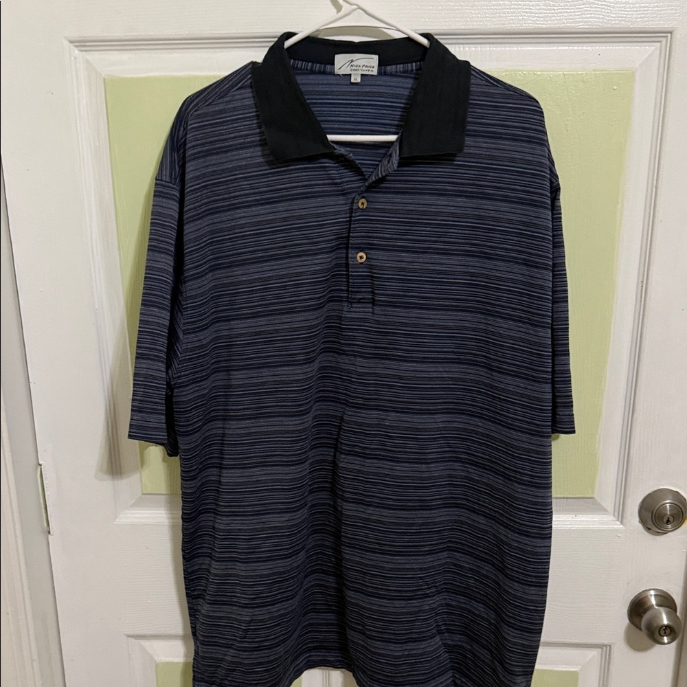 (1730) Nick Price Navy Striped Polo with Black Collar, Size: XL